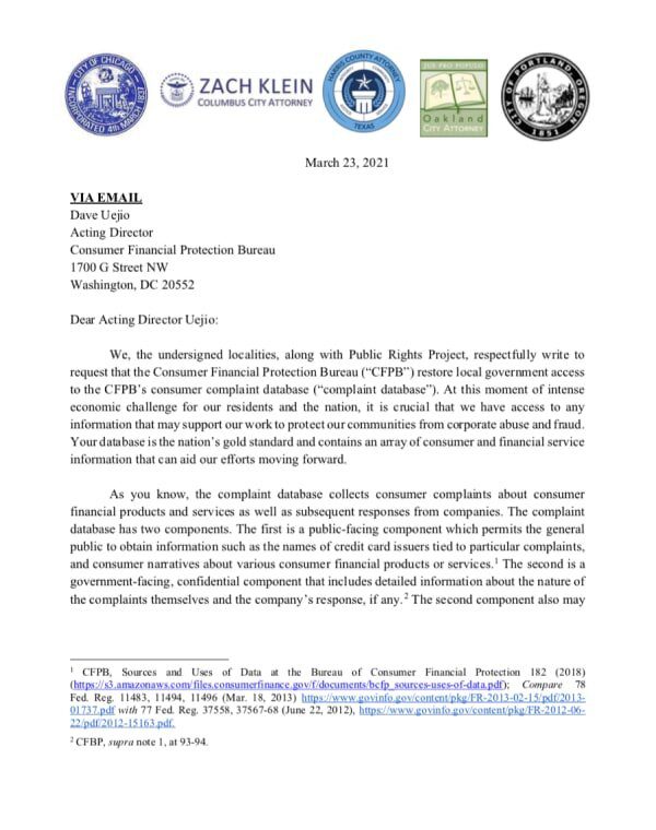 Localities letter to CFPB RE consumer complaint database