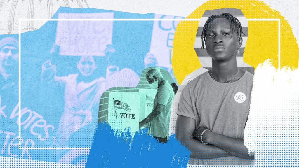 collage with a young man looking dignified with a 'vote' sticker