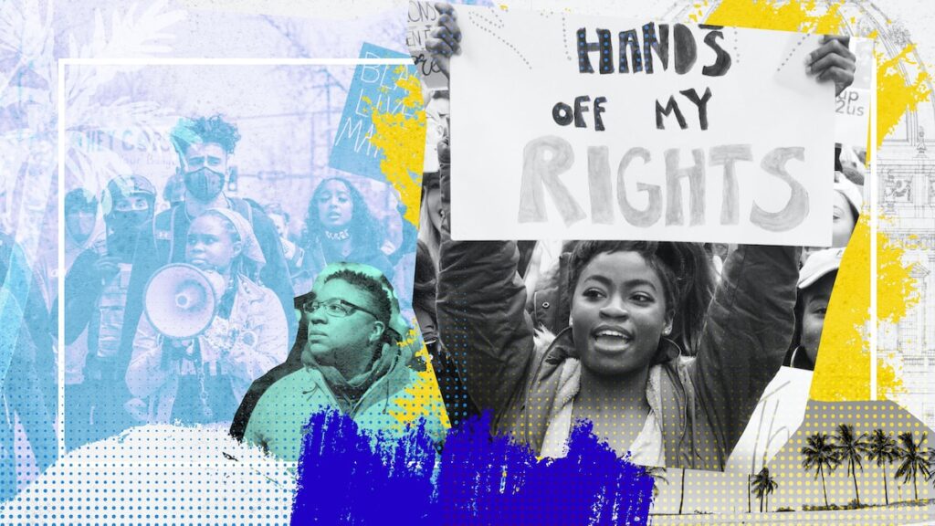 collage with a woman holding sign reading 'hands off my rights'